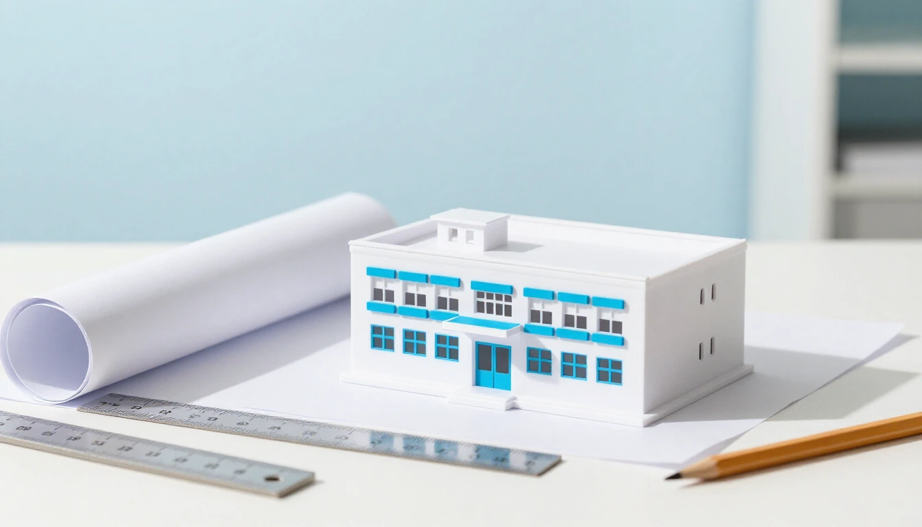 A white architectural scale model of a small commercial building on a desk next to rolled drawing paper, a ruler and a pencil