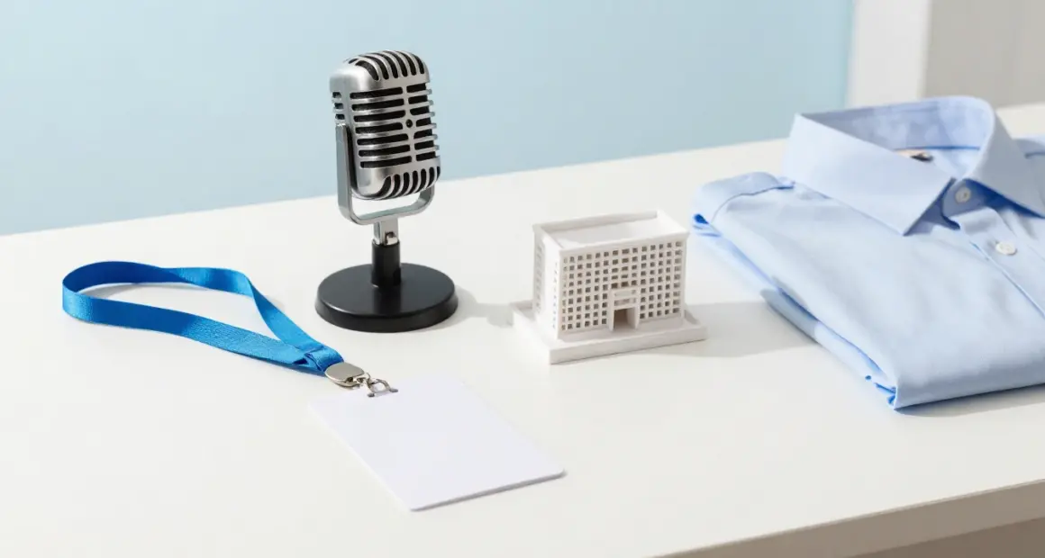 A vintage microphone, a blank key card on a blue lanyard, a small white architectural model and a folded light-blue shirt on a white desk