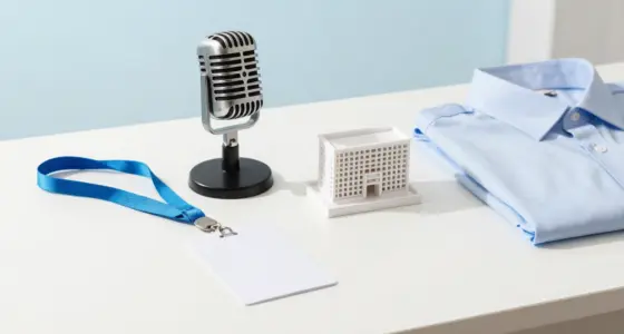 A vintage microphone, a blank key card on a blue lanyard, a small white architectural model and a folded light-blue shirt on a white desk