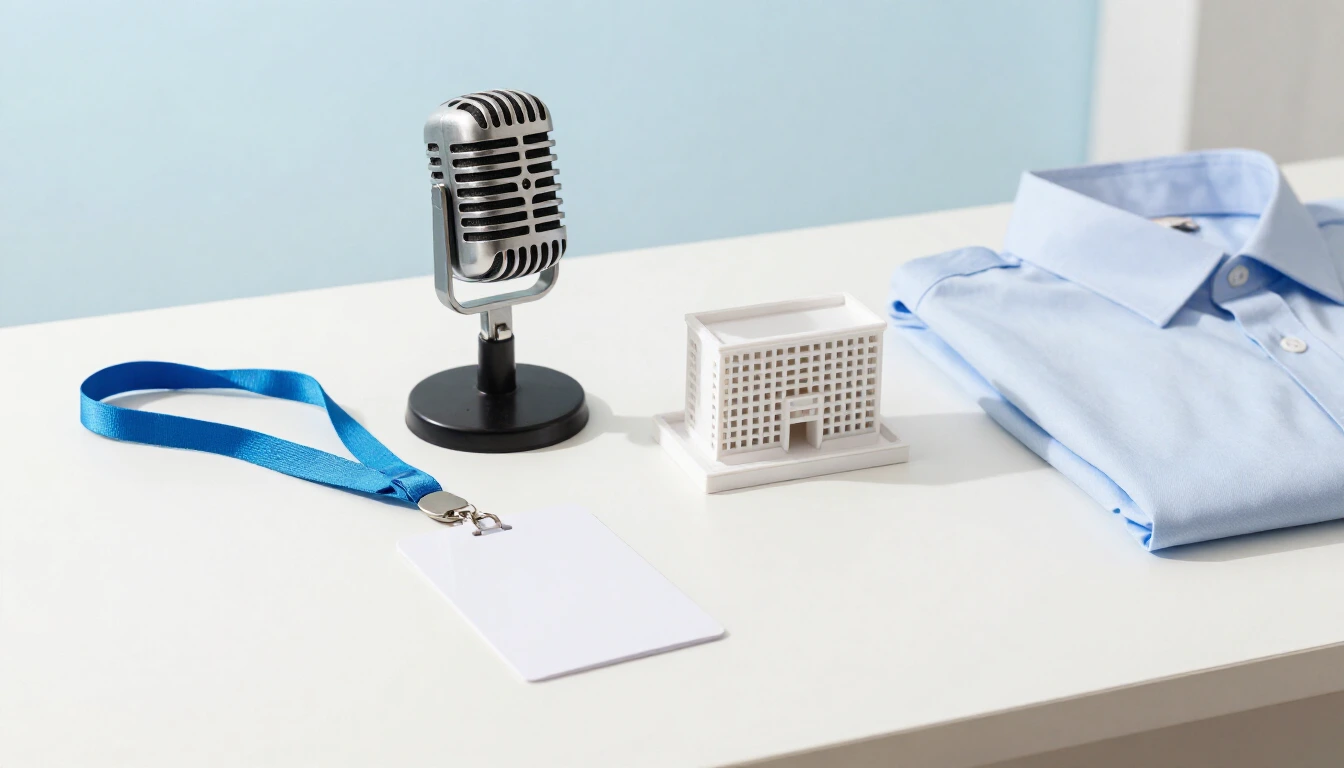 A vintage microphone, a blank key card on a blue lanyard, a small white architectural model and a folded light-blue shirt on a white desk