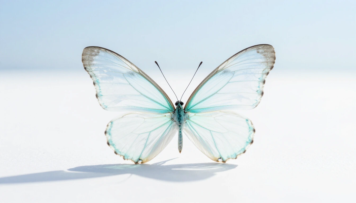A transparent glass-like butterfly wing with turquoise veins resting on a white surface