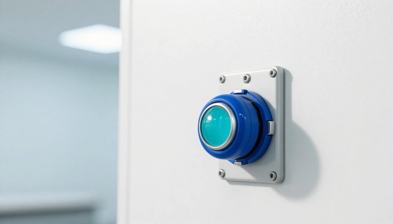 A large blue push switch with a turquoise light on a clean white wall