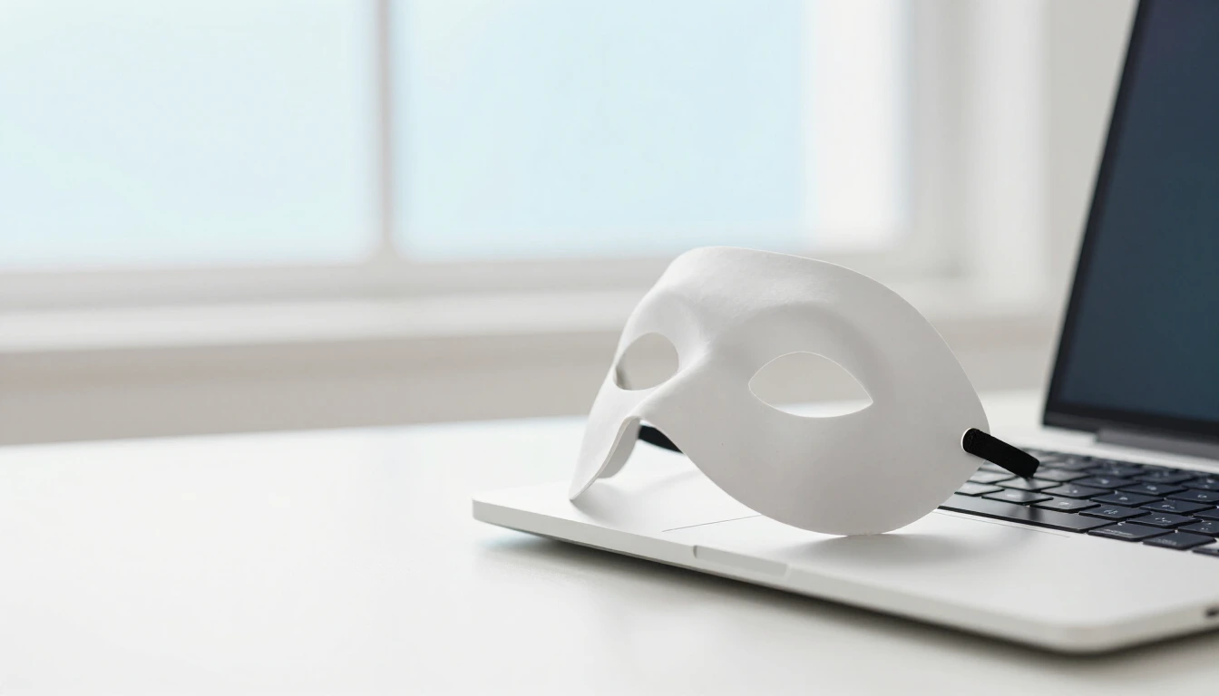 A plain white theatrical half mask lying on a laptop keyboard on a bright desk