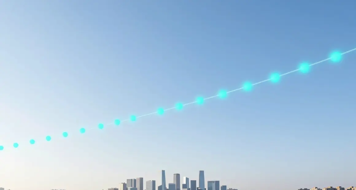 A glowing ribbon of turquoise light points arcing across a bright blue morning sky above a modern city skyline