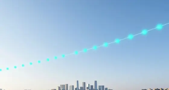 A glowing ribbon of turquoise light points arcing across a bright blue morning sky above a modern city skyline
