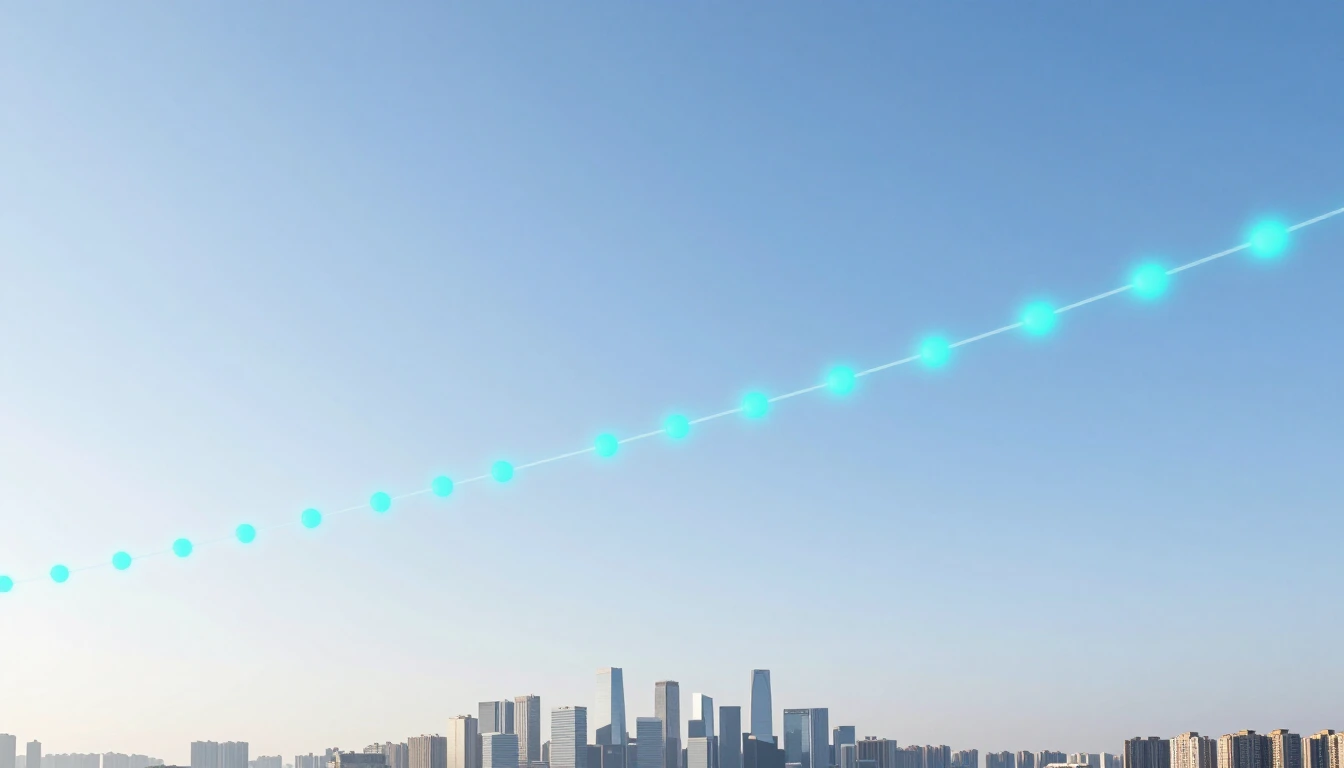 A glowing ribbon of turquoise light points arcing across a bright blue morning sky above a modern city skyline