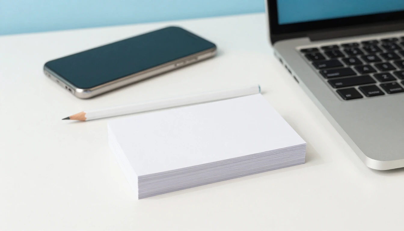 A tidy white desk with a stack of blank white cards, a pencil, a smartphone lying face down and an open laptop