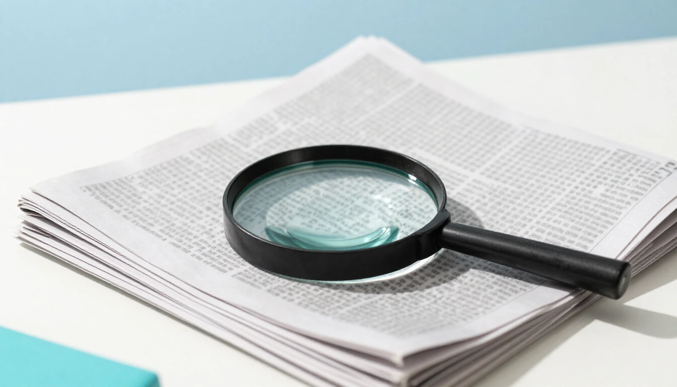 A black magnifying glass resting on a stack of newspapers with blurred, unreadable print, on a white desk