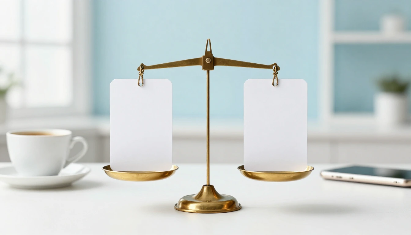 A brass balance scale on a white table holding two identical blank white cards level, a coffee cup and a phone in the background