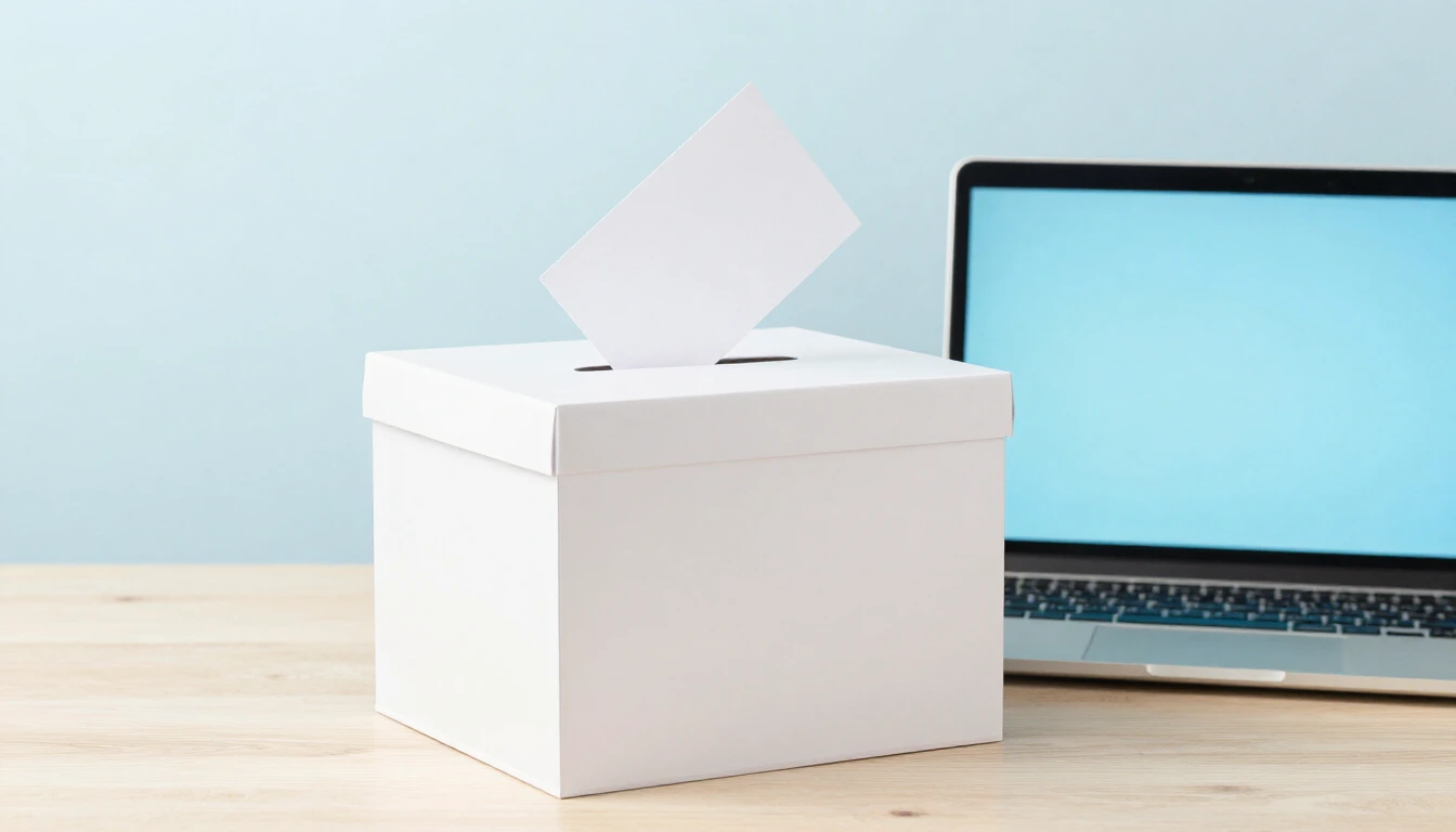 A plain white ballot box with a blank card in its slot on a light wooden desk, an open laptop with a blank pale blue screen beside it