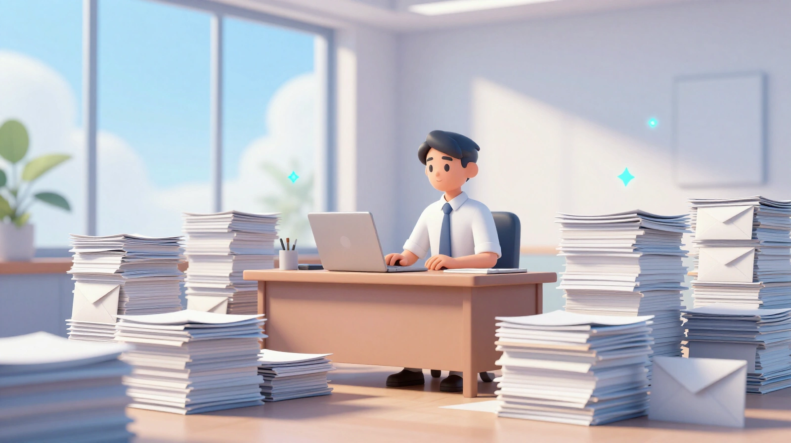 A civil servant at a desk in a bright office, surrounded by tall stacks of paper forms and envelopes