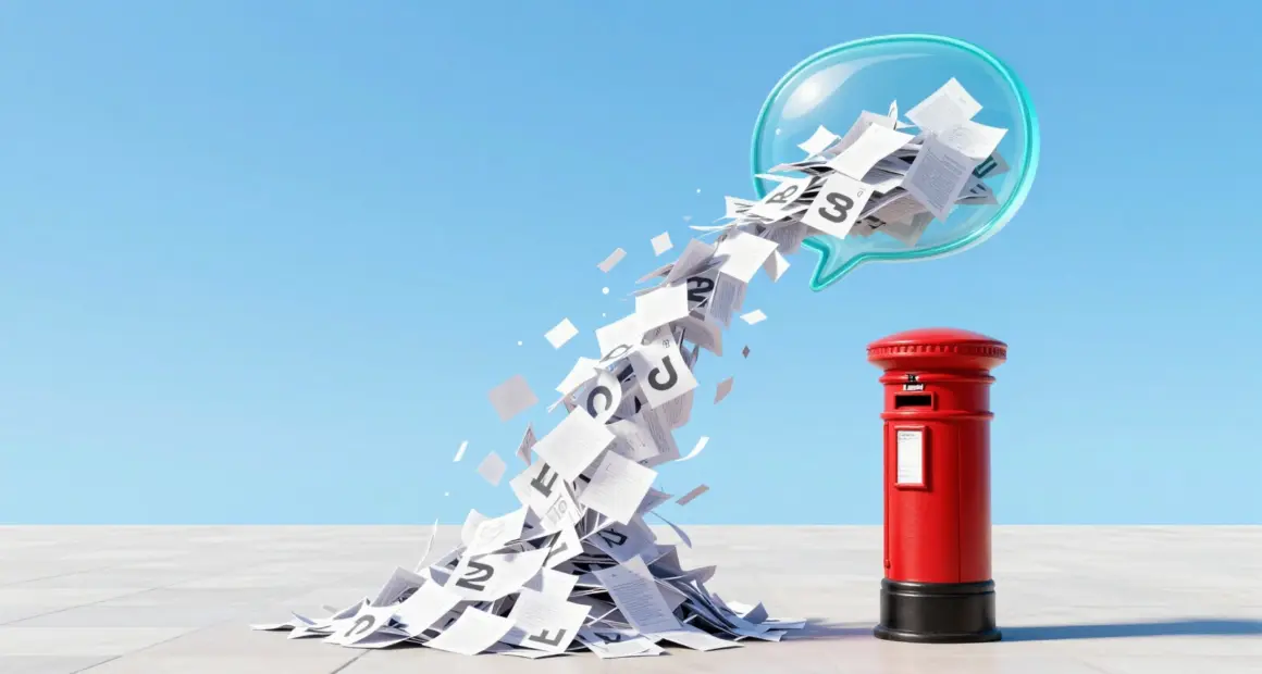 A red British post box on a bright plaza, with a stream of paper letters pouring out of a glowing glass chat bubble and piling up around it