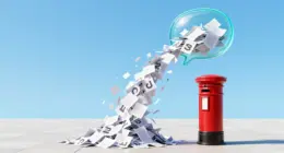 A red British post box on a bright plaza, with a stream of paper letters pouring out of a glowing glass chat bubble and piling up around it