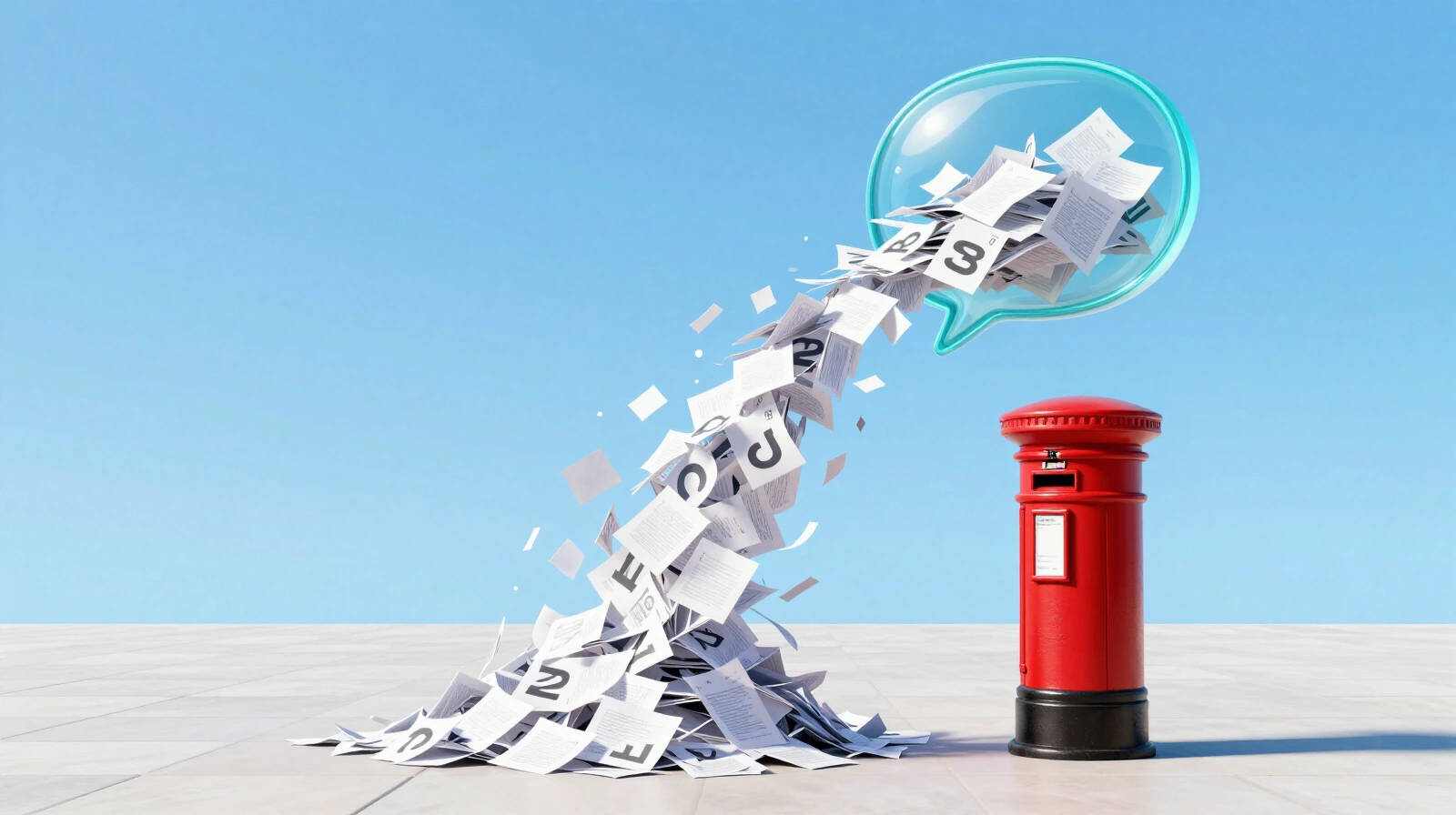 A red British post box on a bright plaza, with a stream of paper letters pouring out of a glowing glass chat bubble and piling up around it