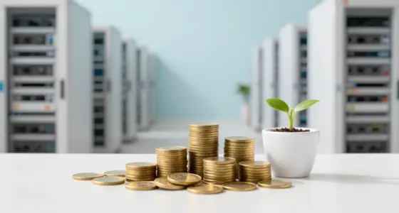 Neat stacks of plain gold coins on a white desk next to a tiny green seedling in a white pot, server racks out of focus behind them