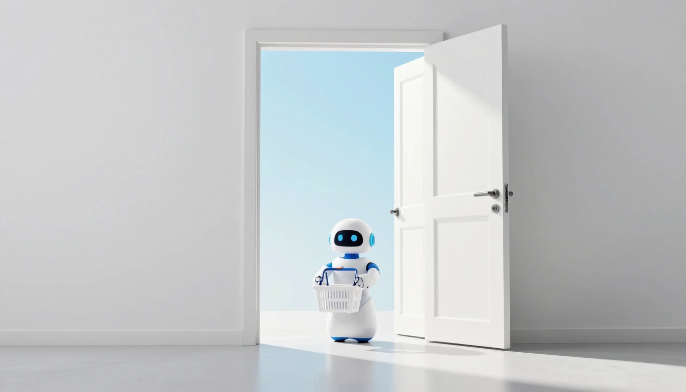 A small white robot holding a shopping basket stands next to an open white door in a bright hallway