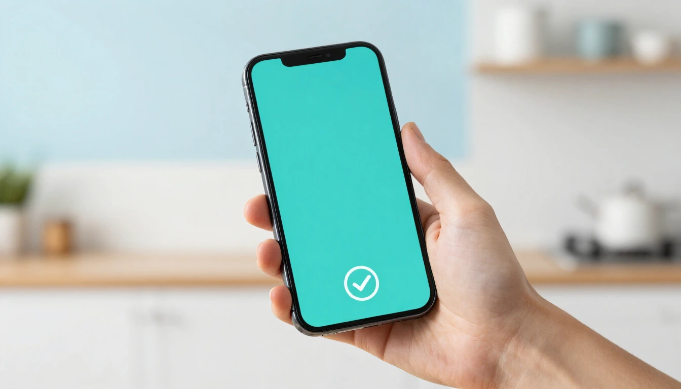 A hand holds a smartphone with a plain turquoise screen and a confirm check mark in a bright kitchen