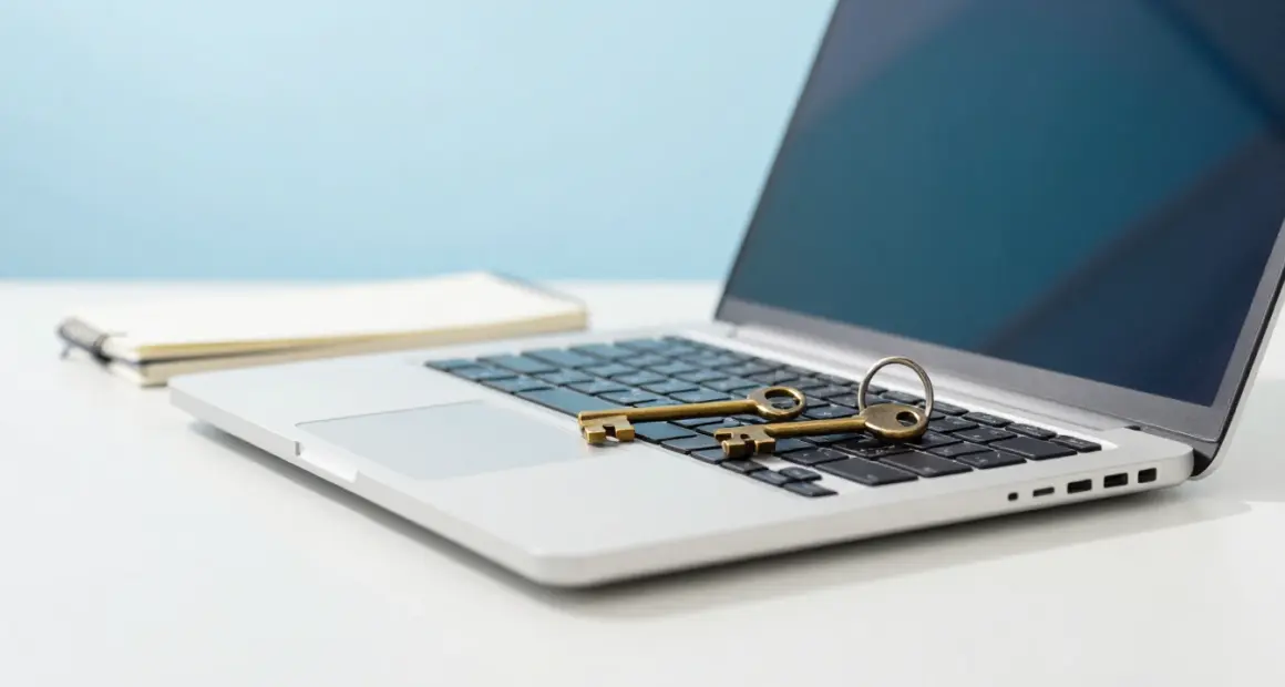 An open laptop on a bright white desk with a ring of old brass keys lying across its keyboard