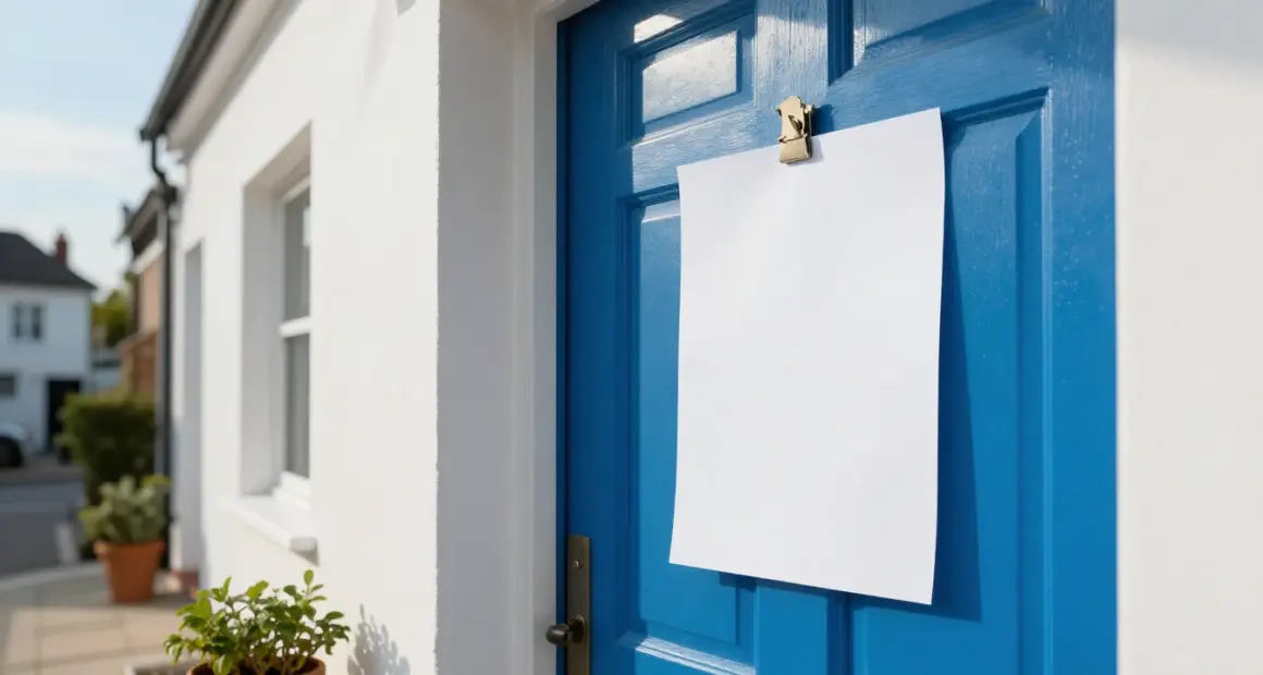 A blank white paper note clipped to a bright blue front door of a white townhouse, with a potted plant beside the door