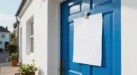 A blank white paper note clipped to a bright blue front door of a white townhouse, with a potted plant beside the door