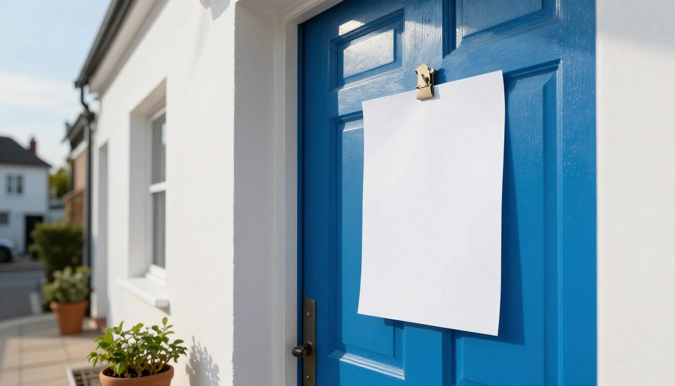 A blank white paper note clipped to a bright blue front door of a white townhouse, with a potted plant beside the door