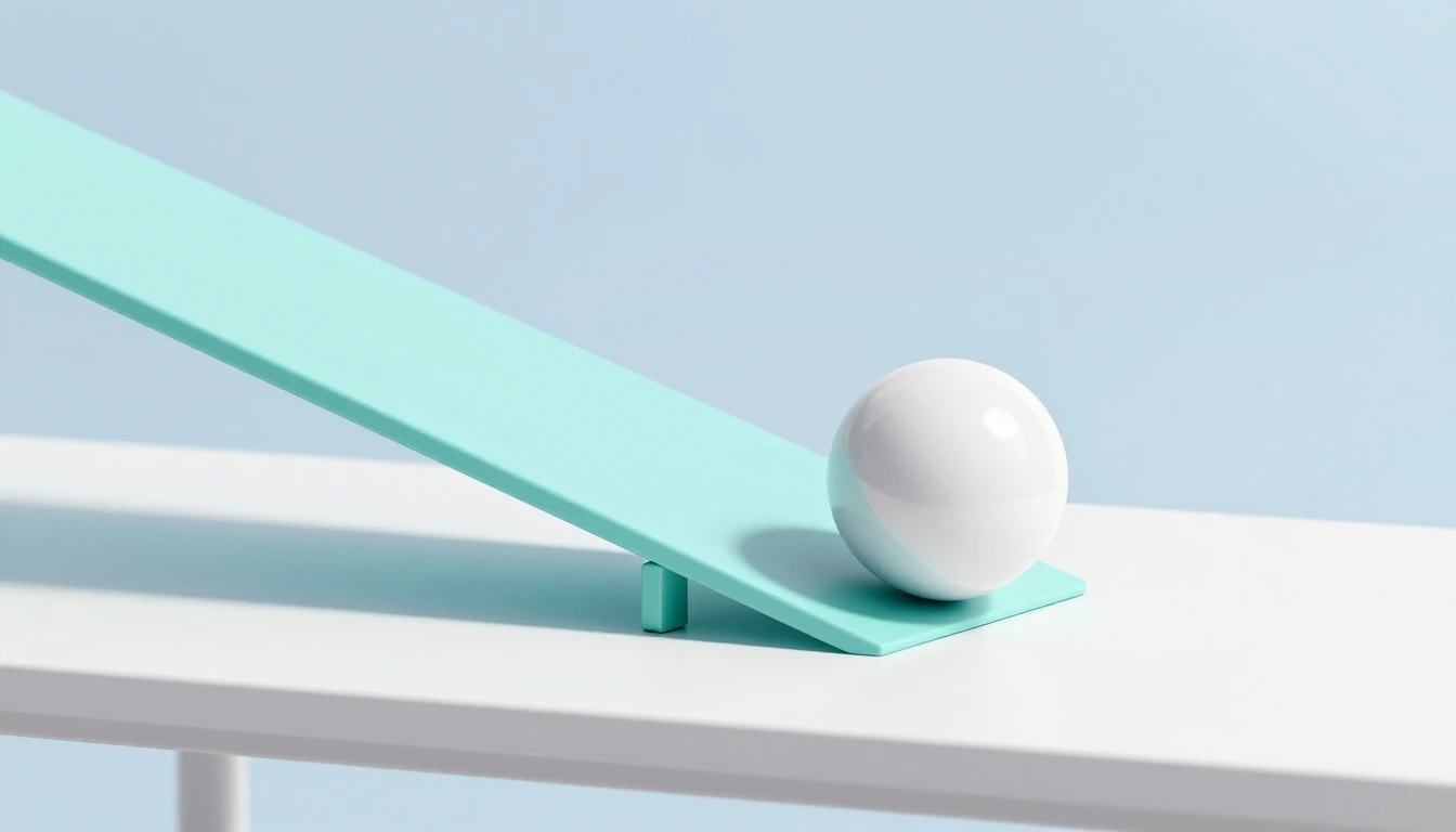 A glossy white sphere rolling down a long pale turquoise ramp on a white table against a bright sky