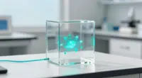 A clear glass cube on a white lab desk with a glowing turquoise network inside and one thin turquoise cable leading out of the cube across the desk