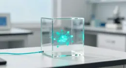 A clear glass cube on a white lab desk with a glowing turquoise network inside and one thin turquoise cable leading out of the cube across the desk