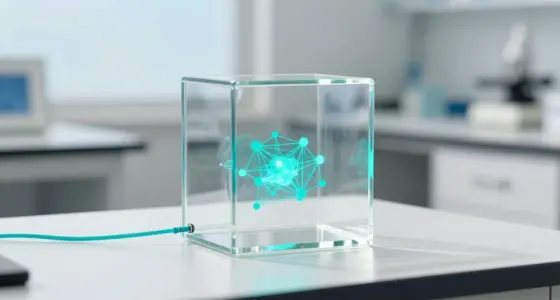 A clear glass cube on a white lab desk with a glowing turquoise network inside and one thin turquoise cable leading out of the cube across the desk