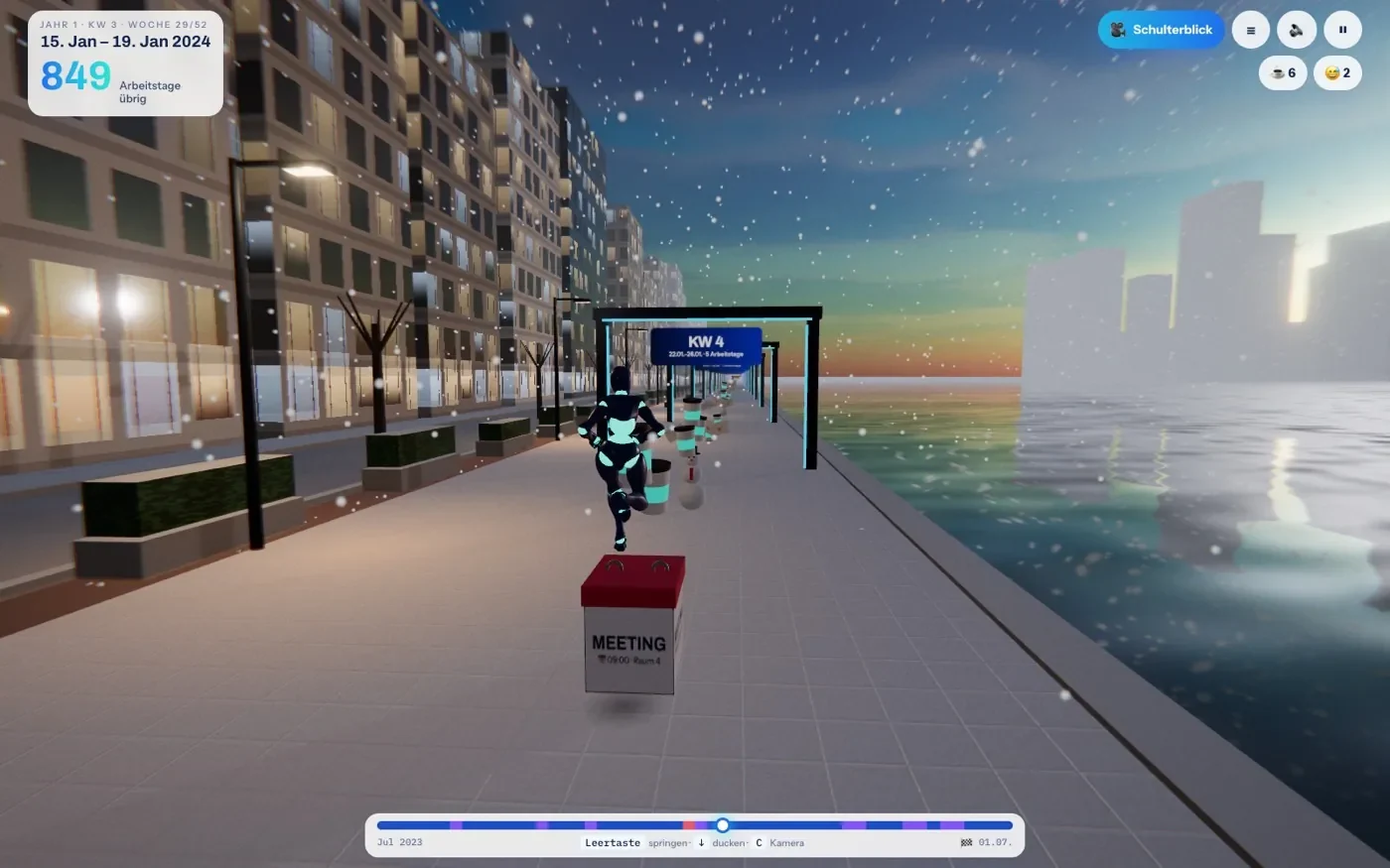 The harbour run in winter: a robot runner on a snowy promenade with a meeting obstacle and a calendar-week gate