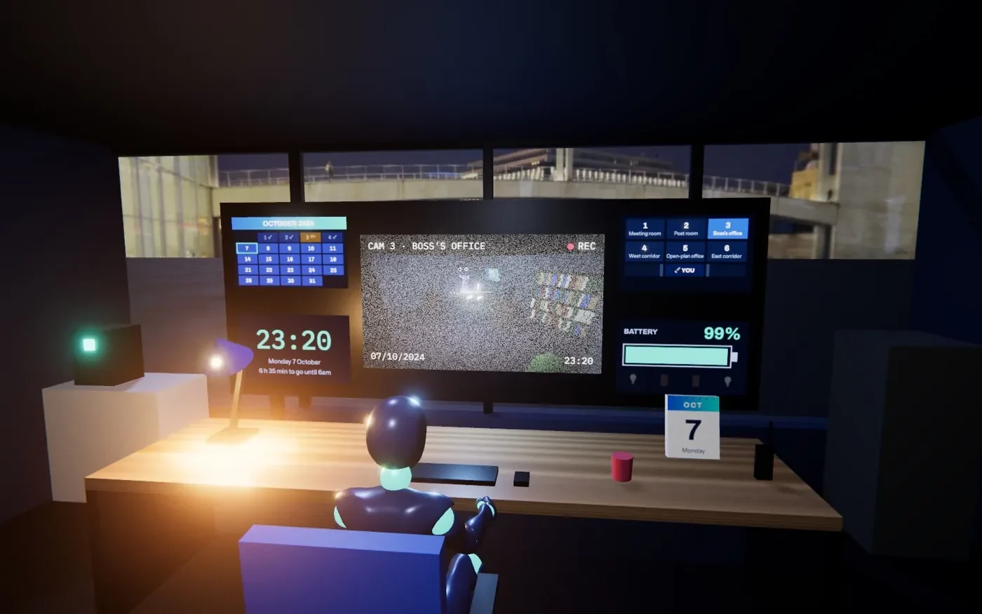 The Last Night Shift: a security desk with camera monitors, a door control and a clock at 23:20