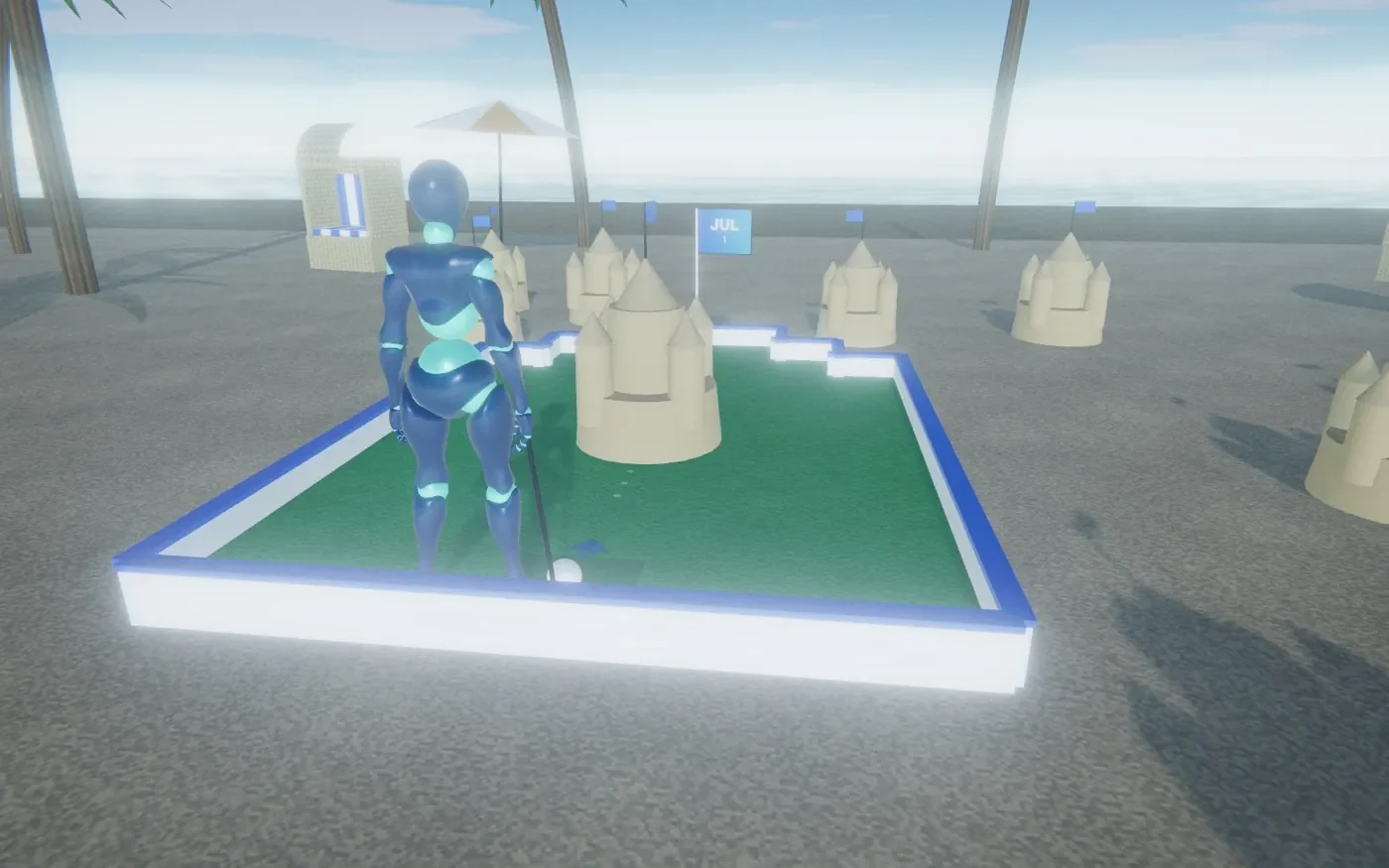 Mini golf by the sea for the passive phase: a robot golfer on a beach course with sandcastles