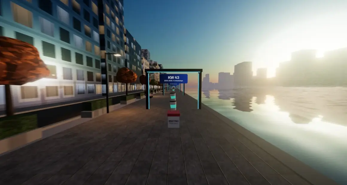 3D harbour promenade at sunrise with a calendar-week gate over the path, from the Altersteilzeit browser game