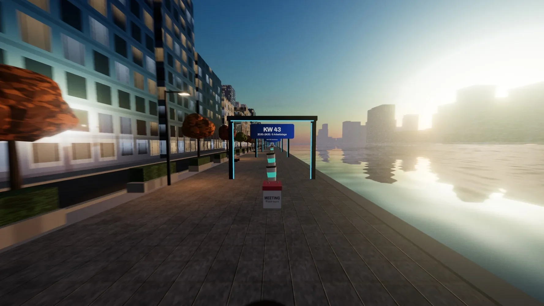 3D harbour promenade at sunrise with a calendar-week gate over the path, from the Altersteilzeit browser game