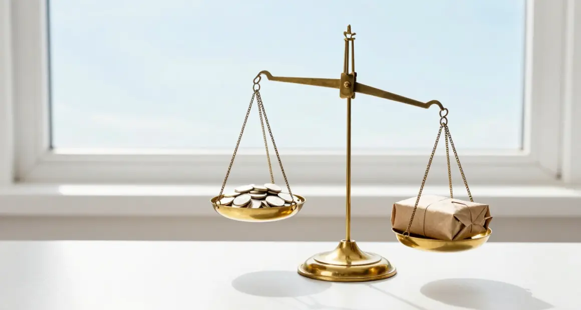 A brass balance scale on a bright desk by a window: a small heap of tokens in the raised left pan, one wrapped parcel in the lowered right pan