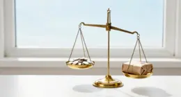 A brass balance scale on a bright desk by a window: a small heap of tokens in the raised left pan, one wrapped parcel in the lowered right pan