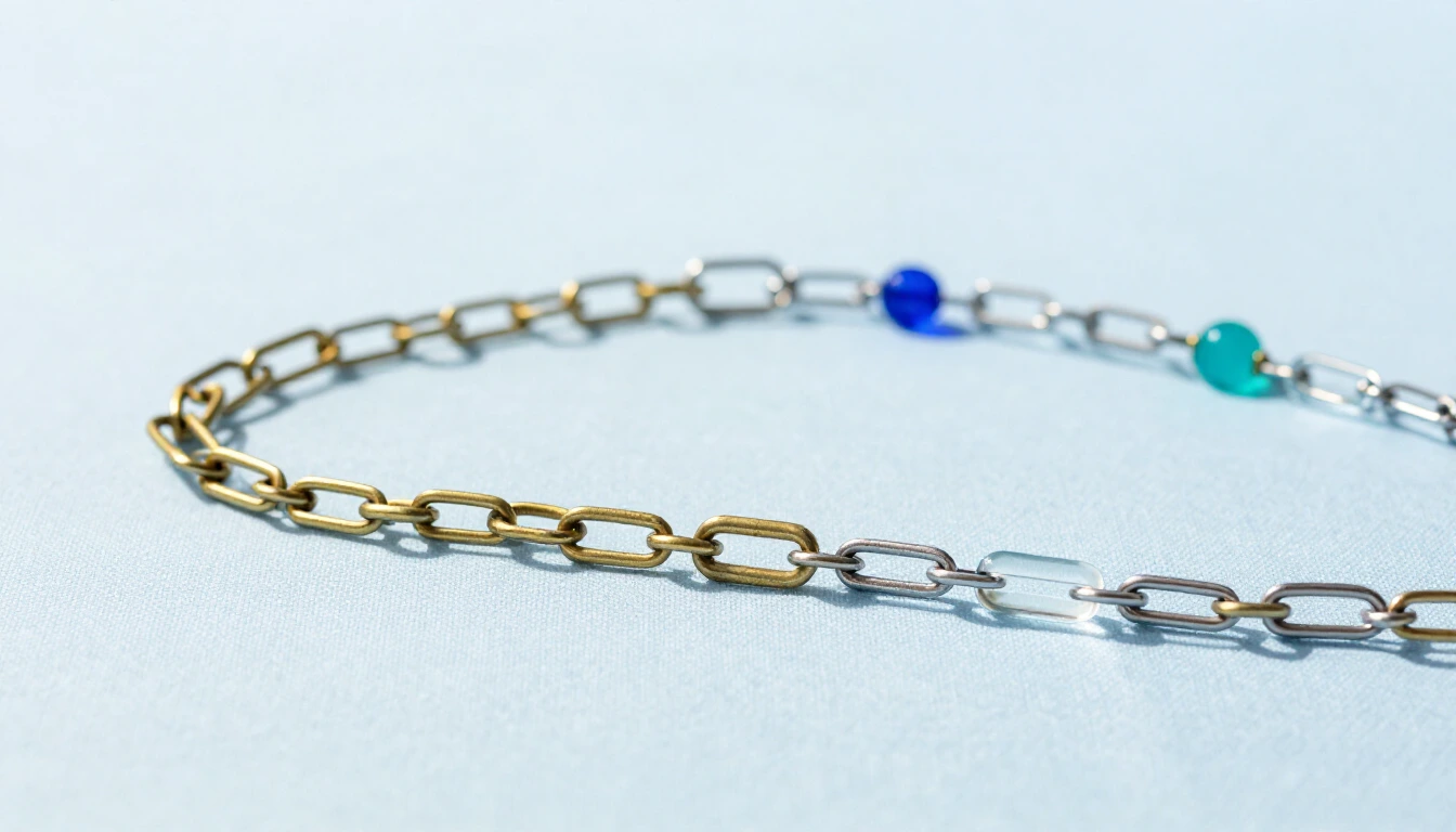 A chain of mismatched brass, steel and glass links lying on a pale blue cloth