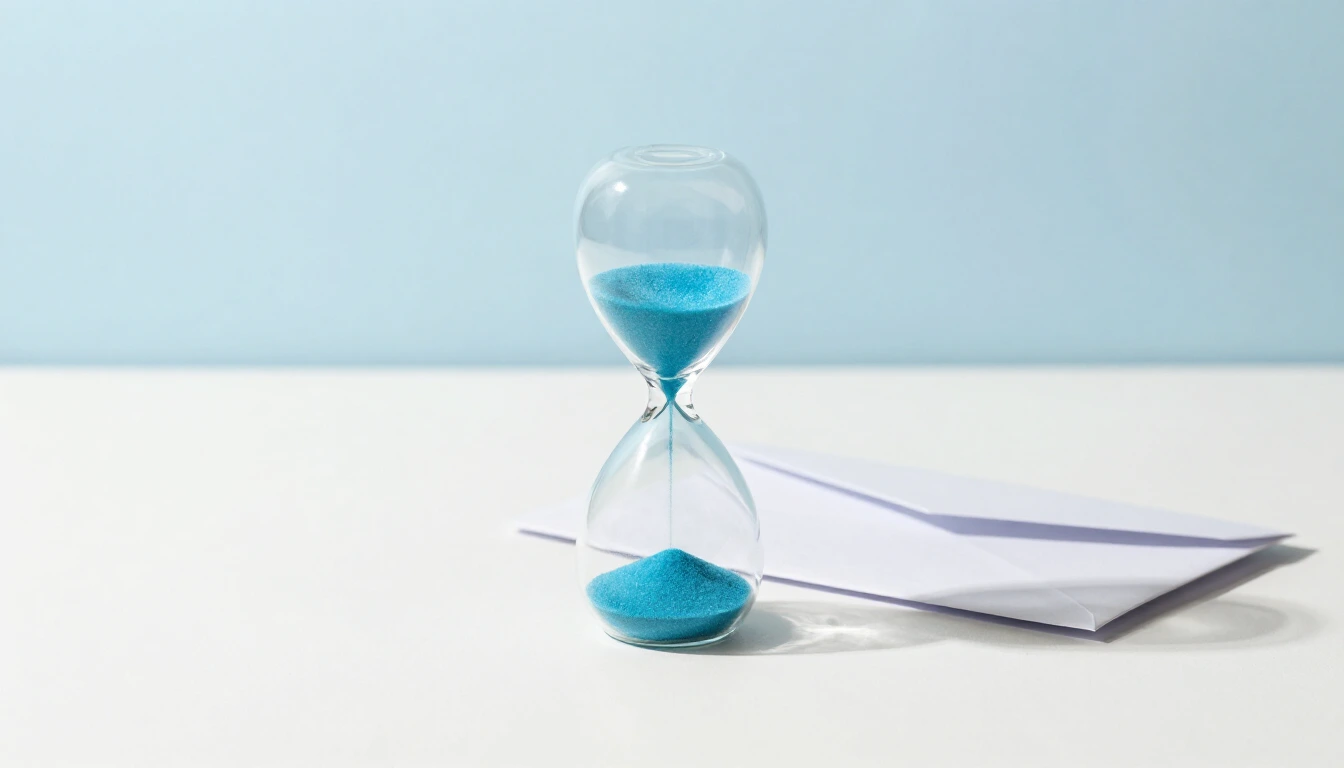An hourglass with turquoise sand almost run through, next to a sealed envelope on a white desk