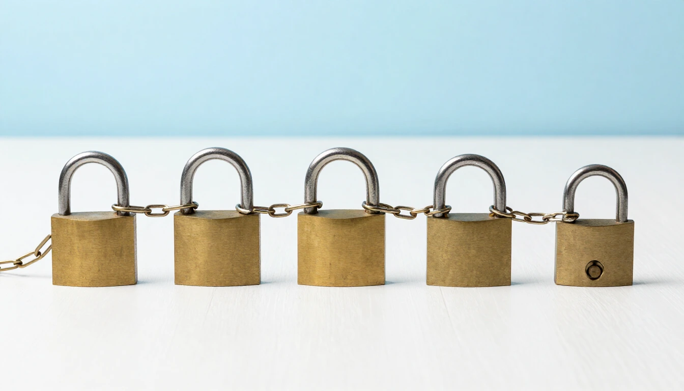 Five brass padlocks in a row on a bright white desk, joined by one continuous chain, the last one open
