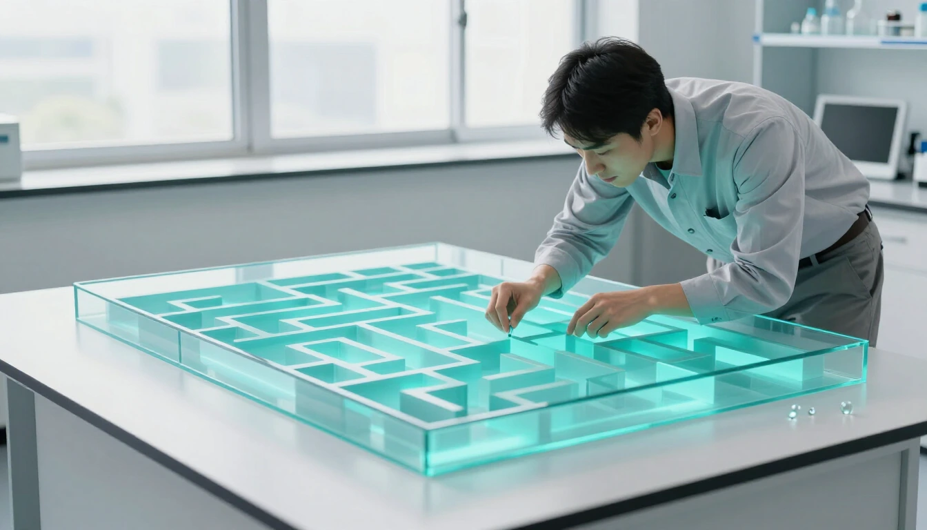 An engineer in a light grey shirt leans over a transparent turquoise glass maze on a white lab table, with a few small marbles beside it
