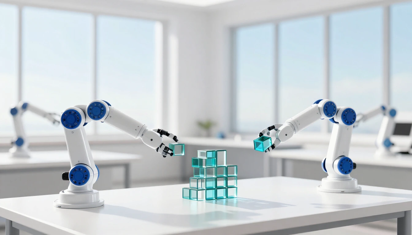 Two white robotic arms at a white table pass translucent glass blocks onto a shared stack between them