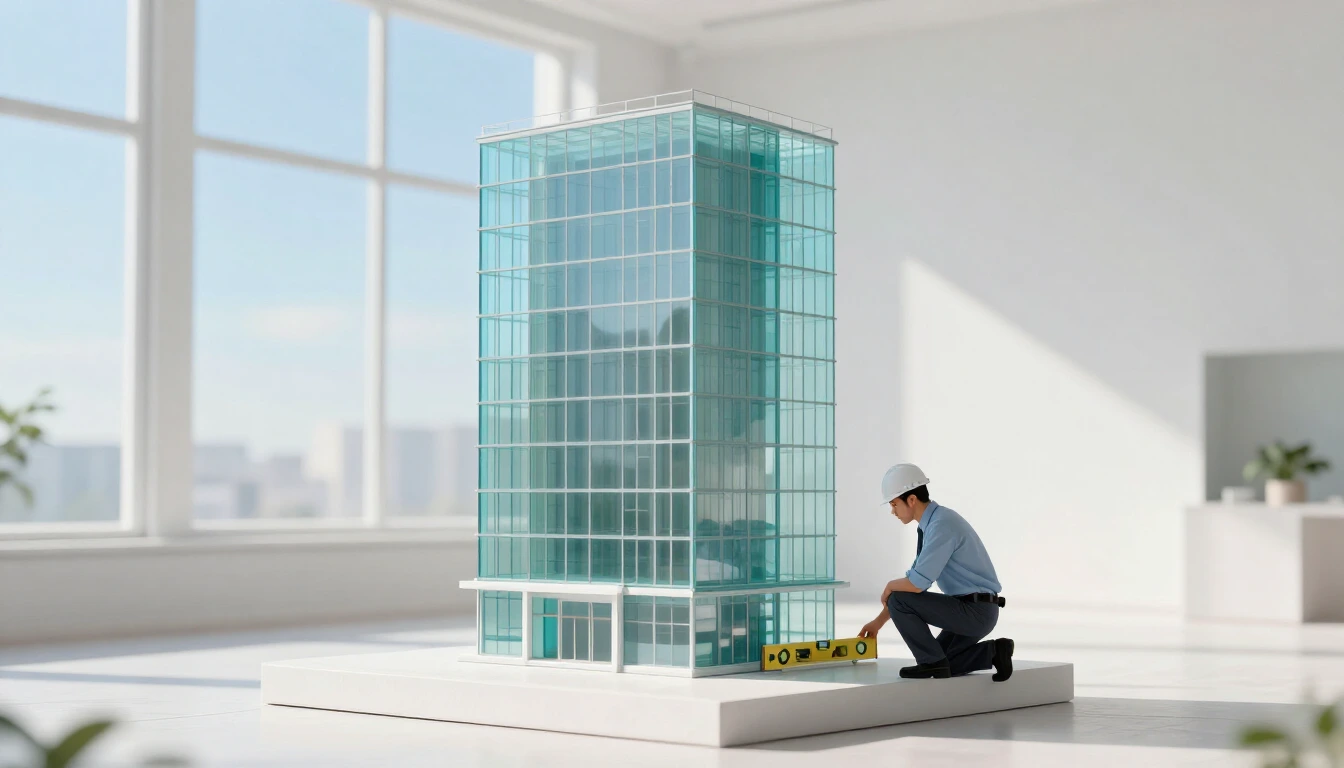 An engineer in a white hard hat kneels beside a glass model of a tower on a white pedestal and checks the pedestal with a spirit level