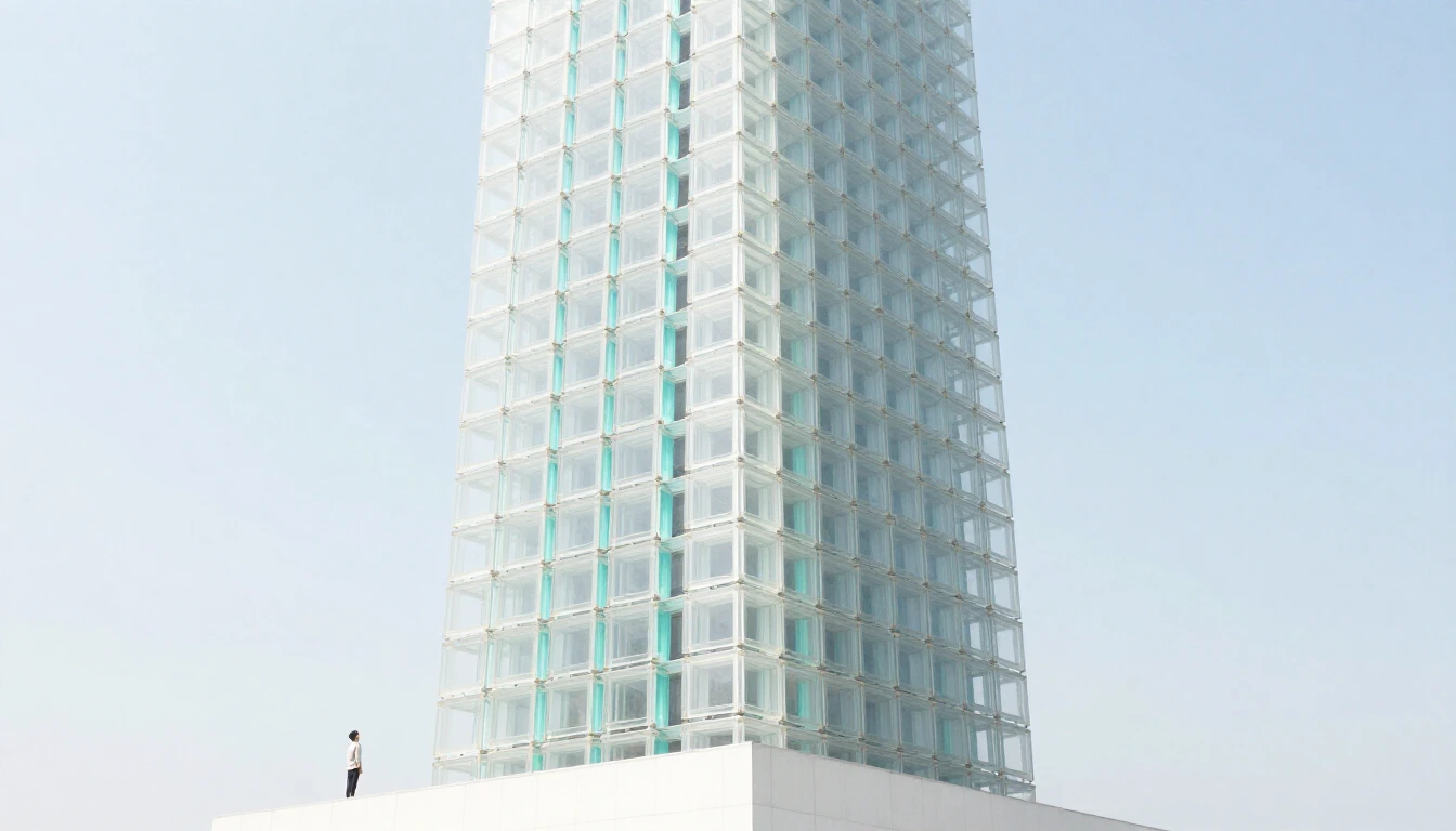 A tall tower of interlocking translucent glass blocks with turquoise light in the joints rises into a pale blue sky, a small person standing at its base