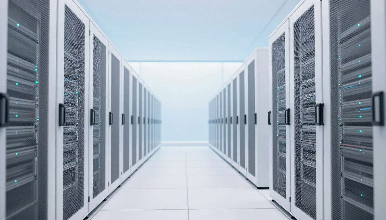 Long rows of white server racks with small turquoise lights in a bright data center hall