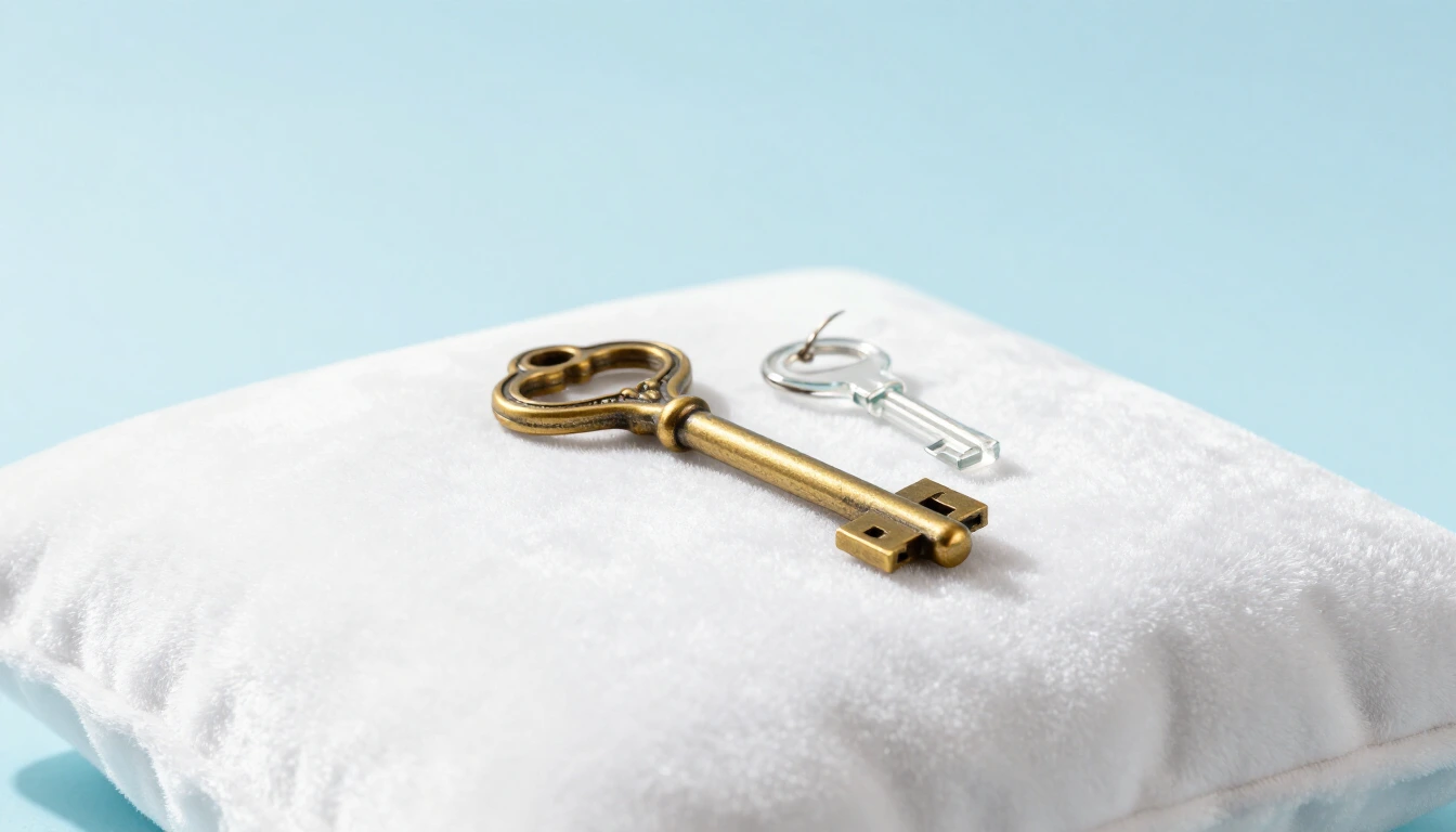 A large brass key and a small glass key lying side by side on a white cushion