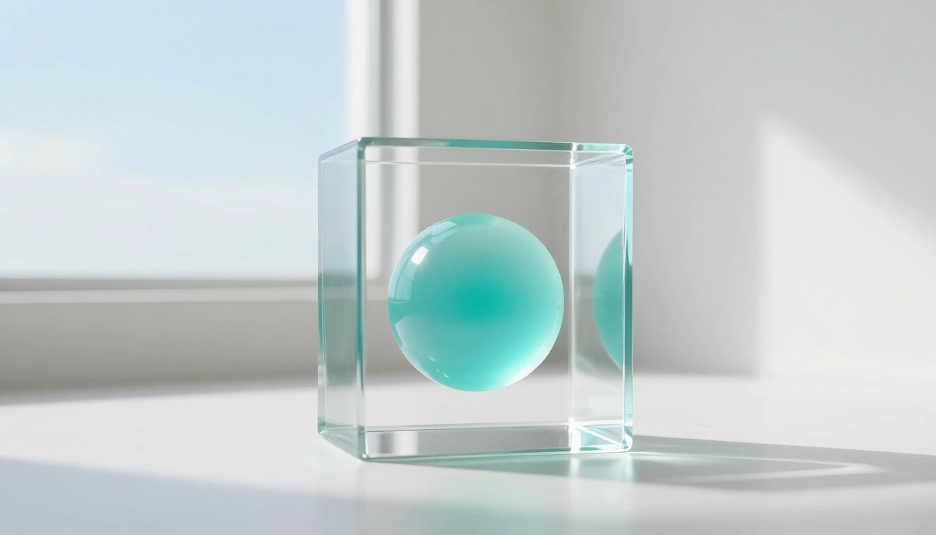 A glowing turquoise sphere floating inside a clear glass cube in a bright white room