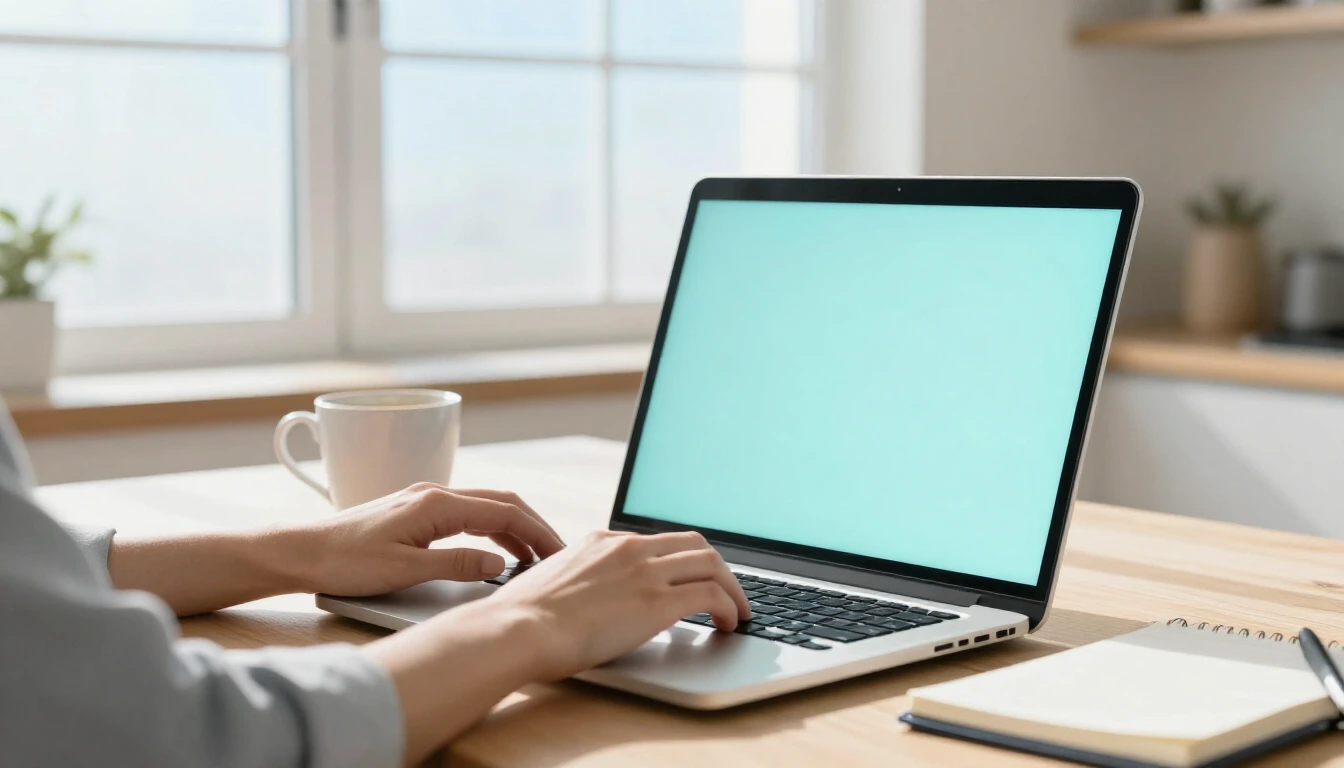 Hands typing on a laptop with a plain turquoise screen at a bright kitchen table with a coffee cup