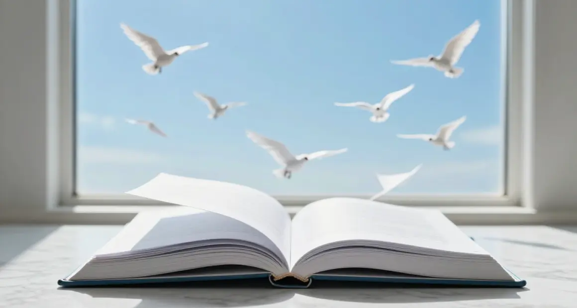 An open bound document on a white marble desk, its pages lifting into a flock of white birds flying out of a bright window into a blue sky