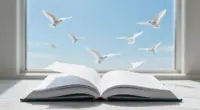 An open bound document on a white marble desk, its pages lifting into a flock of white birds flying out of a bright window into a blue sky