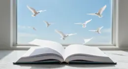 An open bound document on a white marble desk, its pages lifting into a flock of white birds flying out of a bright window into a blue sky